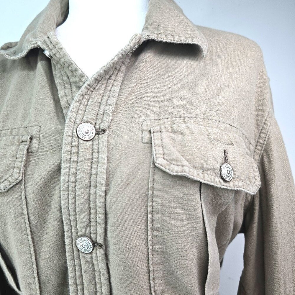 True Religion Olive Green Long Sleeve Double Gauze Flannel Utility Shirt - Picture 2 of 10